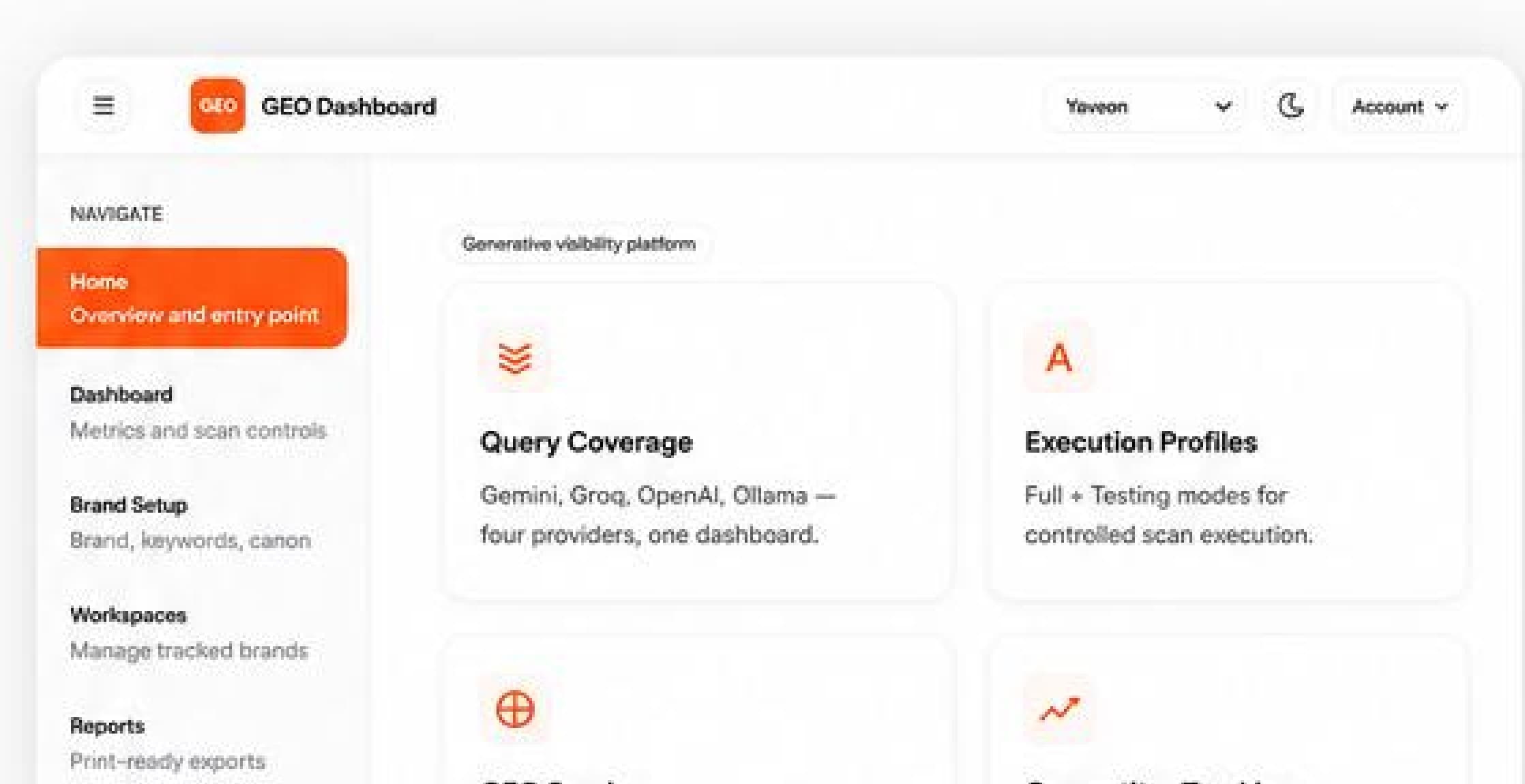 A GEO Dashboard product screenshot showing query coverage, execution profiles, and scoring metrics